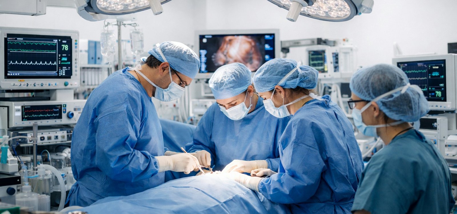 A surgical team in blue scrubs working together in a bright operating room